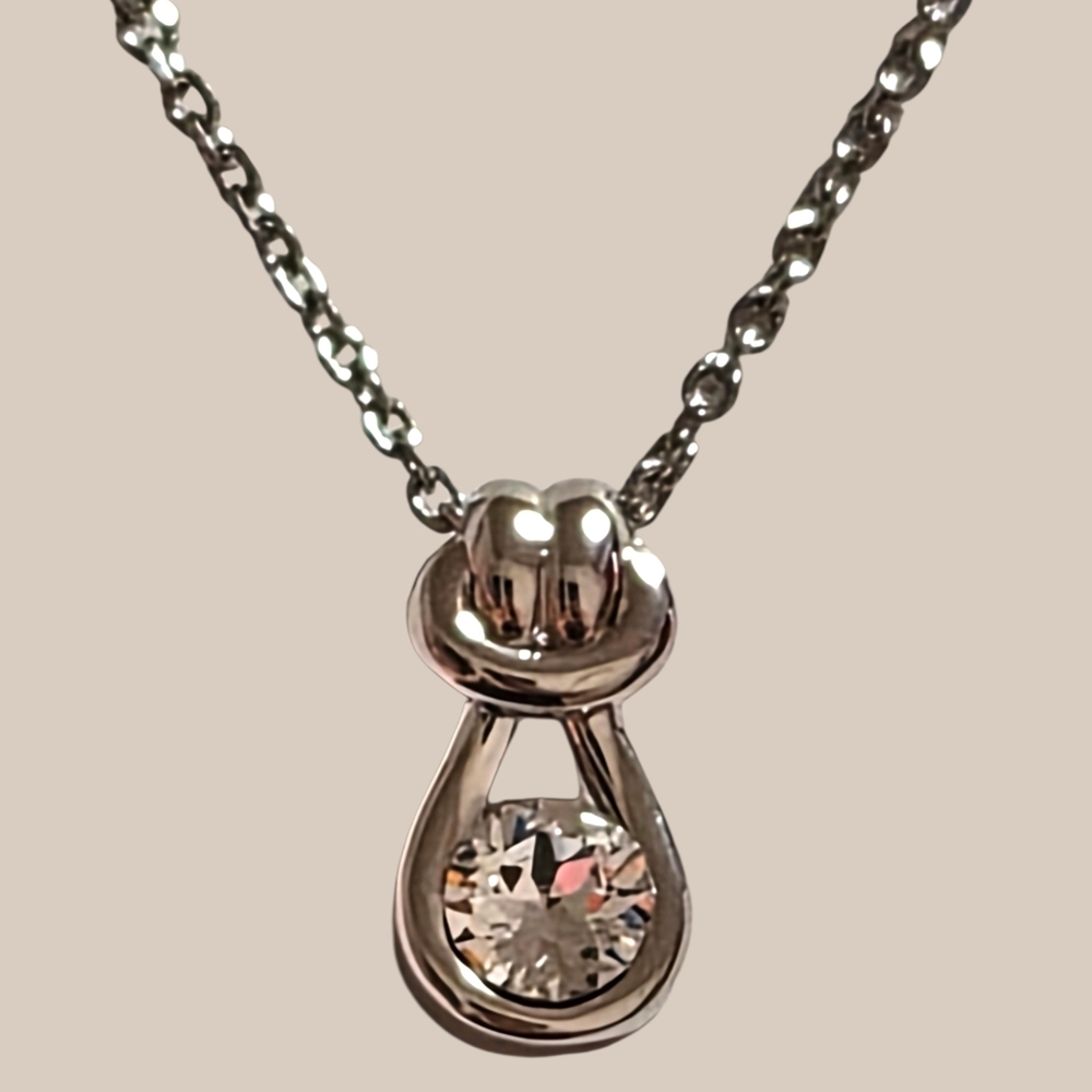 Rhodium Plated Teardrop Crystal Pendant Necklace – 16” Chain with Extension